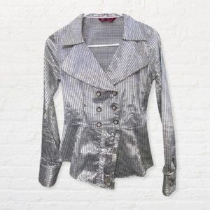 Women’s Small Silver Black Blazer Jacket Gingham Double Buttoned